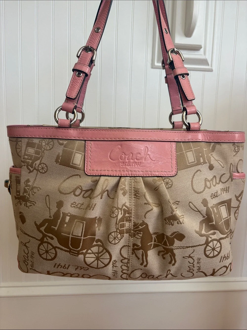 Coach Horse & Carriage Pleated Gallery Tote Pink Leather Khaki Y2K Shoulder Bag